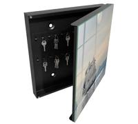 Tulup Armoire à Clés 30x30 cm | Noir | Porte Droite | Fixation Murale | Croisière En Mer | Panneau Avant en Verre | Chevilles Incluses | Decorative | en Métal | pour Rangement de Clefs