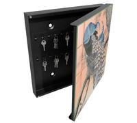 Tulup Armoire à Clés 30x30 cm | Noir | Porte Droite | Fixation Murale | La Beauté Du Paon | Panneau Avant en Verre | pour Rangement de Clefs | Decorative | Chevilles Incluses | en Métal