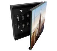 Tulup Armoire à Clés 30x30 cm | Noir | Porte Droite | Fixation Murale | La Ville Au Matin | Decorative | pour Rangement de Clefs | Chevilles Incluses | Panneau Avant en Verre | en Métal