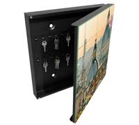 Tulup Armoire à Clés 30x30 cm | Noir | Porte Droite | Fixation Murale | Panorama De La Ville | Decorative | Panneau Avant en Verre | Chevilles Incluses | pour Rangement de Clefs | en Métal