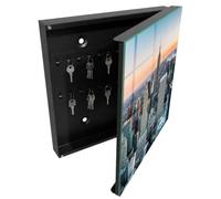 Tulup Armoire à Clés 30x30 cm | Noir | Porte Droite | Fixation Murale | Panorama De La Ville | pour Rangement de Clefs | en Métal | Panneau Avant en Verre | Chevilles Incluses | Decorative