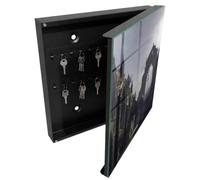 Tulup Armoire à Clés 30x30 cm | Noir | Porte Droite | Fixation Murale | Ruines Mystérieuses | en Métal | Panneau Avant en Verre | pour Rangement de Clefs | Decorative | Chevilles Incluses