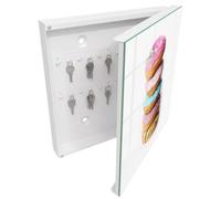 Tulup Boîte à Clés 30x30 cm | Blanc | Porte Droite | Fixation Murale | Beignets Colorés | Chevilles Incluses | Decorative | Panneau Avant en Verre | pour Rangement de Clefs | en Métal