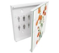 Tulup Boîte à Clés 30x30 cm | Blanc | Porte Droite | Fixation Murale | Coquelicots Orange | Decorative | pour Rangement de Clefs | en Métal | Panneau Avant en Verre | Chevilles Incluses