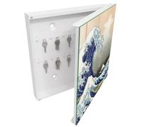 Tulup Boîte à Clés 30x30 cm | Blanc | Porte Droite | Fixation Murale | La Grande Vague | Decorative | Chevilles Incluses | Panneau Avant en Verre | pour Rangement de Clefs | en Métal