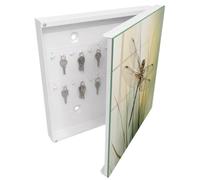 Tulup Boîte à Clés 30x30 cm | Blanc | Porte Droite | Fixation Murale | Libellule Nature | Decorative | en Métal | pour Rangement de Clefs | Panneau Avant en Verre | Chevilles Incluses