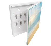 Tulup Boîte à Clés 30x30 cm | Blanc | Porte Droite | Fixation Murale | Paysage Du Matin | pour Rangement de Clefs | en Métal | Panneau Avant en Verre | Decorative | Chevilles Incluses