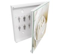 Tulup Boîte à Clés 30x30 cm | Blanc | Porte Droite | Fixation Murale | Rose Blanche | Panneau Avant en Verre | Decorative | Chevilles Incluses | en Métal | pour Rangement de Clefs
