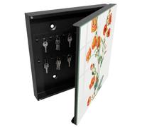 Tulup Boîte à Clés 30x30 cm | Noir | Porte Droite | Fixation Murale | Coquelicots Orange | Decorative | pour Rangement de Clefs | en Métal | Panneau Avant en Verre | Chevilles Incluses