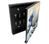 Tulup Boîte à Clés 30x30 cm | Noir | Porte Droite | Fixation Murale | La Grande Vague | Decorative | Chevilles Incluses | Panneau Avant en Verre | pour Rangement de Clefs | en Métal