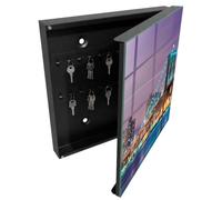 Tulup Boîte à Clés 30x30 cm | Noir | Porte Droite | Fixation Murale | Pont De La Ville | pour Rangement de Clefs | Decorative | Panneau Avant en Verre | en Métal | Chevilles Incluses