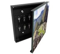Tulup Boîte à Clés 30x30 cm | Noir | Porte Droite | Fixation Murale | Ville De Montagne | pour Rangement de Clefs | Chevilles Incluses | Panneau Avant en Verre | Decorative | en Métal