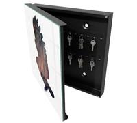 Tulup Boîte à Clés 30x30 cm | Noir | Porte Gauche | Fixation Murale | Oiseau De La Forêt | Panneau Avant en Verre | Chevilles Incluses | Decorative | en Métal | pour Rangement de Clefs