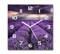 Tulup Horloge en Verre 30x30cm Silencieuse sur Pied Salon Design La Mur Impression Verre Sécurité - Aiguilles d'horloge Blanches - Champ De Lavande