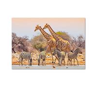 Tulup Impression sur Verre de 100x70 cm Image Tableau Photo décorative panoramique pour la Cuisine et Le Salon - Animaux - Girafes Et Zèbres - Brun