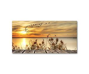 Tulup Impression sur verre100x50 cm Image Tableau Photo décorative panoramique pour la Cuisine et Le Salon - Paysage - Pier Au Bord du Lac - Orange