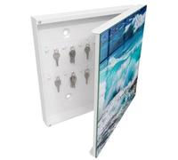 Tulup Organisateur Clef 30x30 cm | Blanc | Porte Droite | Fixation Murale | La Puissance Des Vagues | en Métal | pour Rangement de Clefs | Panneau Avant en Verre | Decorative | Chevilles Incluses
