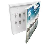 Tulup Organisateur Clef 30x30 cm | Blanc | Porte Droite | Fixation Murale | Panorama De La Ville | Chevilles Incluses | Decorative | Panneau Avant en Verre | pour Rangement de Clefs | en Métal
