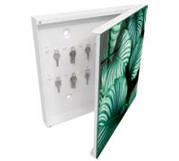 Tulup Porte-clés Mural 30x30 cm | Blanc | Porte Droite | Fixation Murale | Feuilles Vertes | Chevilles Incluses | Panneau Avant en Verre | pour Rangement de Clefs | en Métal | Decorative