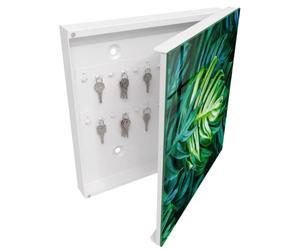 Tulup Porte-clés Mural 30x30 cm | Blanc | Porte Droite | Fixation Murale | Feuilles Vertes | Decorative | Chevilles Incluses | en Métal | pour Rangement de Clefs | Panneau Avant en Verre
