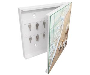 Tulup Porte-clés Mural 30x30 cm | Blanc | Porte Droite | Fixation Murale | Paradis De Plage | pour Rangement de Clefs | Decorative | Chevilles Incluses | Panneau Avant en Verre | en Métal