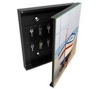 Tulup Porte-clés Mural 30x30 cm | Noir | Porte Droite | Fixation Murale | Croisière D'Été | Panneau Avant en Verre | pour Rangement de Clefs | en Métal | Decorative | Chevilles Incluses