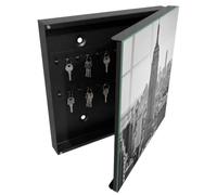 Tulup Porte-clés Mural 30x30 cm | Noir | Porte Droite | Fixation Murale | Panorama De La Ville | en Métal | Decorative | pour Rangement de Clefs | Panneau Avant en Verre | Chevilles Incluses