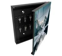Tulup Porte-clés Mural 30x30 cm | Noir | Porte Droite | Fixation Murale | Paysage D'Hiver | Decorative | pour Rangement de Clefs | en Métal | Panneau Avant en Verre | Chevilles Incluses