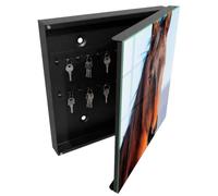 Tulup Porte-clés Mural 30x30 cm | Noir | Porte Droite | Fixation Murale | Portrait D'Un Cheval | en Métal | Chevilles Incluses | pour Rangement de Clefs | Decorative | Panneau Avant en Verre