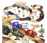 TUMAMA Dinosaure jouet piste, piste de course flexible pour enfants 3 4 5 6 ans, avec 7 chiffres de dinosaure, 2 lumières pour véhicules électriques - dinosaure monde de la route jeux pour enfants