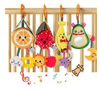 TUMAMA Jouet Hochet Bebe 0 2 3 4 6 8 9 12 Mois, Jeux Poussette d Eveil Bébé 0-6 Mois Avec Le Miroir La Voix, Peluche Fruits Jouets d'Éveil Cadeau pour Naissance Nouveau Né Garçons et Filles (4pcs)