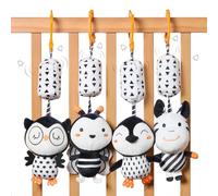 TUMAMA Jouet Poussette Bébé 0 3 6 9 12 Mois, Jouet Hochet À Suspendre pour Berceau Siège Auto - 4 Pièces Animaux Noir Blanc Hochet Cadeau Nouveau-Né Bambin