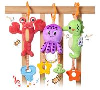 TUMAMA KIDS Jouet hochet bebe 0 3 6 Mois, Jouet poussette bebe, Jouets d'éveil pour bébés, Pieuvre, Hippocampe, Homard, Sensoriel cadeau naissance - Marine