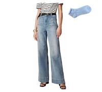 Tummy Control Sailor Wide Leg Trouser,Women's Casual High Waist Straight Leg Jeans,Buttoned Denim Pants with Pockets