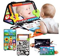 Tummy Time Baby Mirror Toys 0-12 Months High Contrast Infant Toys Brain Development with Crinkle Cloth Book and Teether - Montessori