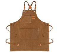 Tunejoy Tablier de Chef pour Hommes Femmes Tablier de Cuisine en Toile de Coton Résistant à l'eau Réglable Tablier Barbecue avec Poches pour Accueil Restaurant Jardin Barbecue Café Marron