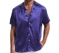 TUNEVUSE Chemise en satin brillant à manches courtes pour homme - Motif floral - Jacquard - Robe d'été unie - Tailles S à 5XL, Violet 7, Taille 3XL