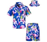 TUNEVUSE Little & Big Boys Ensemble hawaïen avec chemises boutonnées et short avec chapeau cloche - Tenue d'été imprimée pour enfants, Blue01, 13-14 Ans
