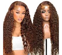 tunfine Perruque Femme Naturelle Brésilien, Brun Clair #4 13x4 Deep Wave Lace Front Wig Human Hair, Perruque Cheveux Humain Bouclée avec Densité 150% pour Femme 20 Pouces (50 cm)