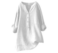 Tunique à col montant en lin pour femme - Coupe ample - Couleur unie - Joli bouton vers le bas - À porter avec des leggings - T-shirt 2026, blanc, 4XL