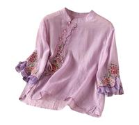 Tunique à manches 3/4 pour femme - Style bohème rétro - Broderie florale - Chemisier d'été indien à volants sur le devant - Pour femme âgée - Style bohème - Tendance, violet, 3XL