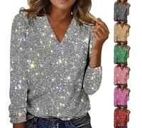 Tunique à paillettes pour femme - Col en V - Décontracté - Couleur unie - Pull à manches longues - Chemisier ample - Tunique scintillante - Pull à paillettes - Pour femme - Taille S à XXL, doré, XXL