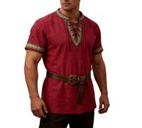 Tunique Barbare Homme Manches Courtes Broderie Dorée Col V Lacets Médiéval | Chemise Historique Coton Léger Broderie Norrlois Fête Théâtre Carnaval Bal Renaissance Mariage Costume Déguisement Soirée