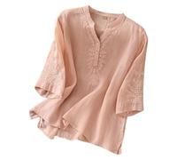 Tunique bohème en dentelle brodée florale pour femme de couleur unie 2025 - Chemisier indien à volants pour femmes âgées - Col en V - Manches courtes - Gaze de lin ample, rose, M