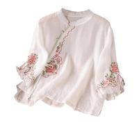 Tunique brodée en gaze bohème vintage pour femme - Haut graphique floral 2026 - Chemisier indien à volants sur le devant pour femmes âgées - Lin - Manches 3/4 - Dentelle - Style bohème - Mignon, blanc