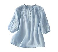 Tunique brodée en lin pour femme - Col en V - Motif floral - Printemps hippie - À volants - Pour femme âgée - Gaze ample - Style bohème - Dentelle, bleu, XL