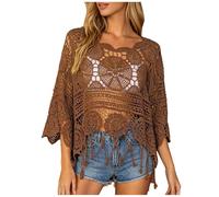 Tunique de Plage Femme Bikini Cover Up - Haut en Crochet Bohème à Franges, Pull Transparent Ajourée Blouse Tricotée Coupe Ample Top Maillot de Bain Robe Boho Crochet Top Été