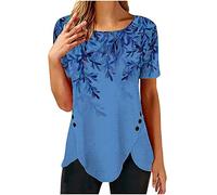 Tunique décontractée à manches courtes avec boutons latéraux pour femme - Chemisier d'été léger pour leggings - T-shirt irrégulier - Confortable - Imprimé floral - Pour le travail, le bureau, la rue