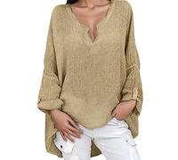 Tunique décontractée à manches longues pour femme avec col en V - T-shirt d'été ample - Couleur unie - À porter avec des leggings - Coupe ample - T-shirt élégant en lin pour sortir, bas et haut, kaki