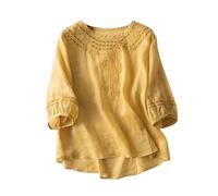 Tunique décontractée en lin de style bohème pour femme - Coupe ample - Broderie florale - Chemise indienne à volants pour femmes âgées - Col en V - Gaze bohème - Été paysan - Dentelle, jaune, XXL